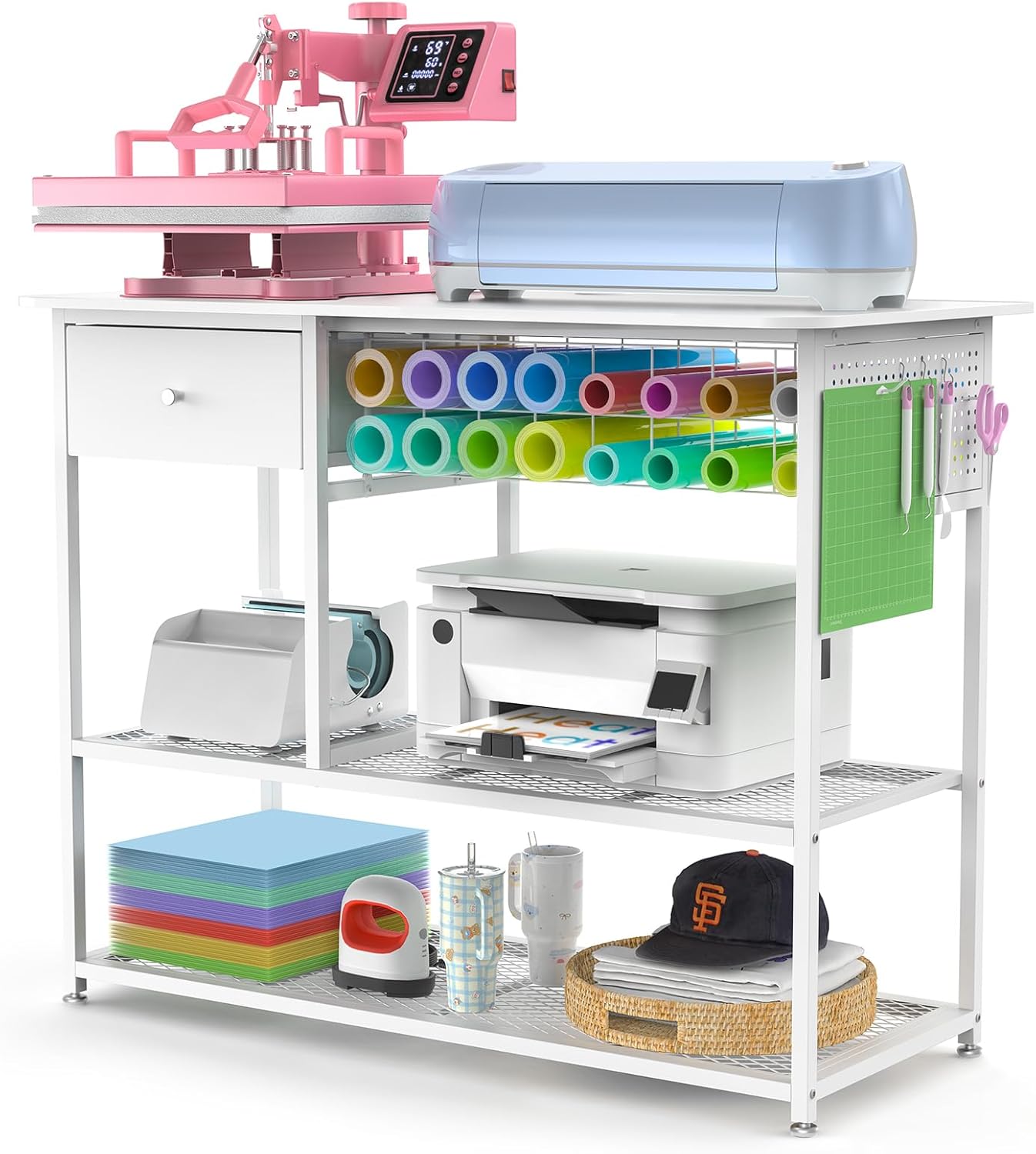 Extra Large Heat Press Table, Heat Press Stand Desk Cart with Vinyl Storage, Multi-Purpose Heavy Duty Metal Workbench for DIY Sublimation, T-Shirts Caps Mug & Tumbler Heat Transfer Projects