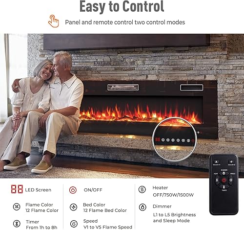 Miniatura 3 de RELAX4LIFE Chimeneas eléctricas empotradas y montadas en la pared de 68 pulgadas, insertos de chimenea eléctrica con control remoto, temporizador de