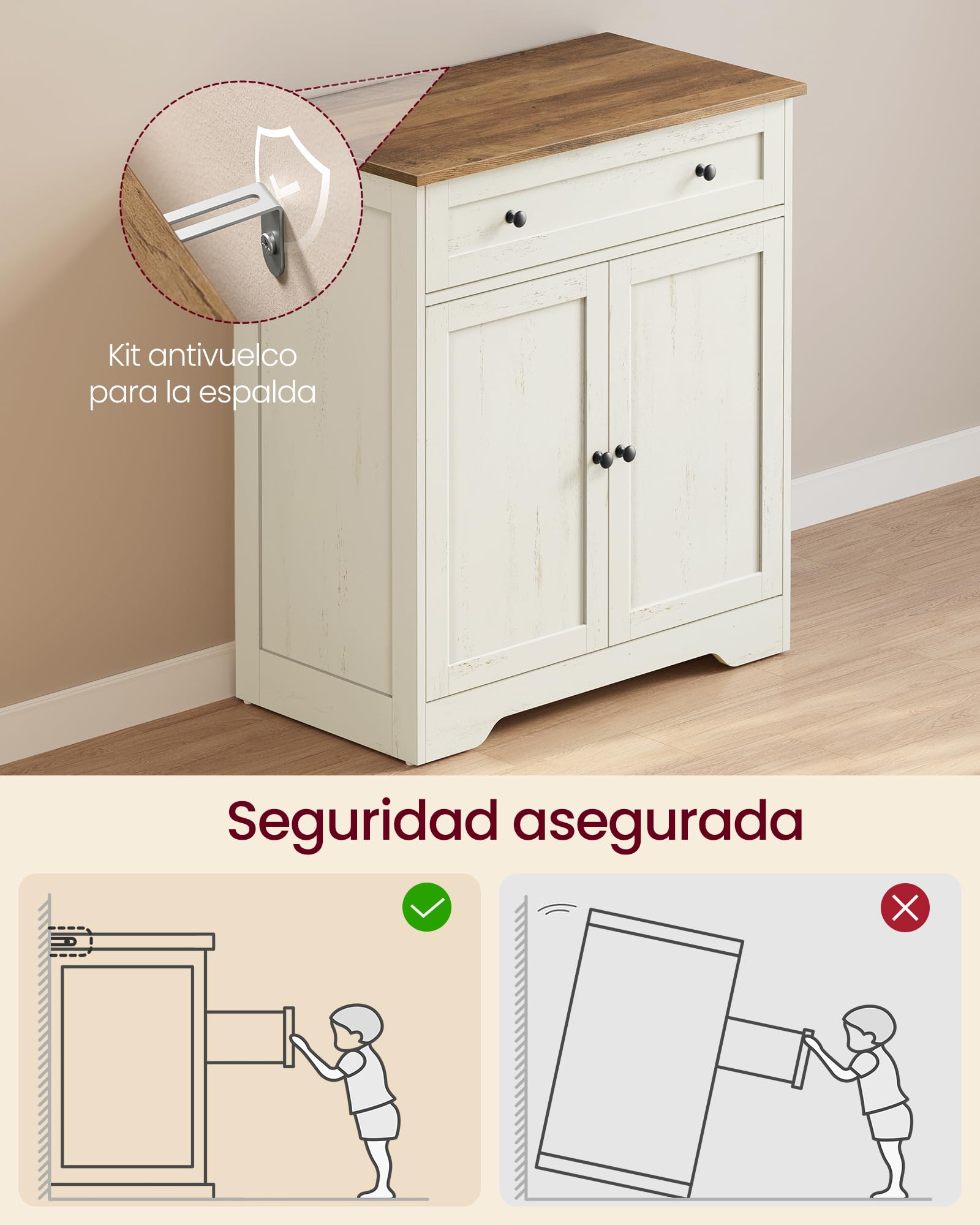 VASAGLE Siren Colección - Aparador, Armario Almacenaje, con Cajón y Estante Ajustable, Doble Puerta, Rincón de Café, 40 x 72 x 80 cm, Blanco Rústico LSC521WJ01