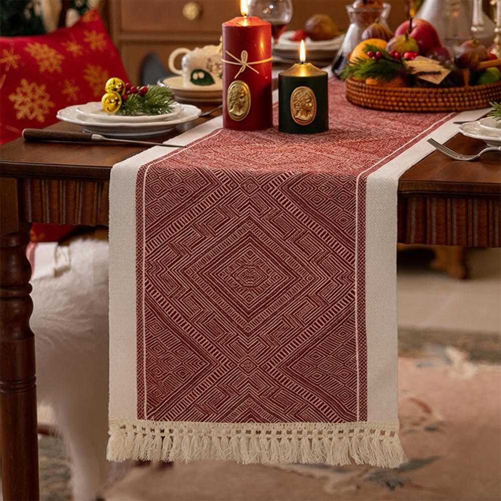 Mioyoow Diamond Red Christmas Table Runner, 47.2*13.8" Waterproof Table Scarf With Tassels For Dining Kitchen Wedding Home Party Decor