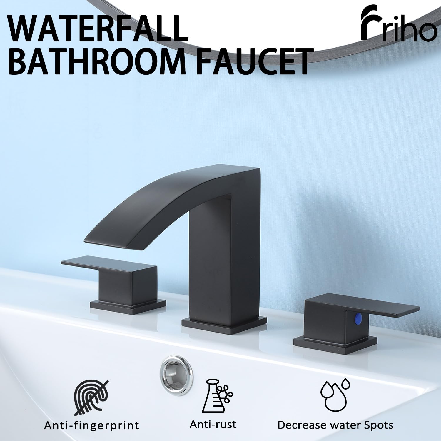 Friho Grifos de baño negros de 3 agujeros, cascada generalizada de 8 pulgadas, grifo cuadrado negro mate con drenaje emergente y líneas de suministro, dos asas para tocador, caravana, baño FR2DC17808B