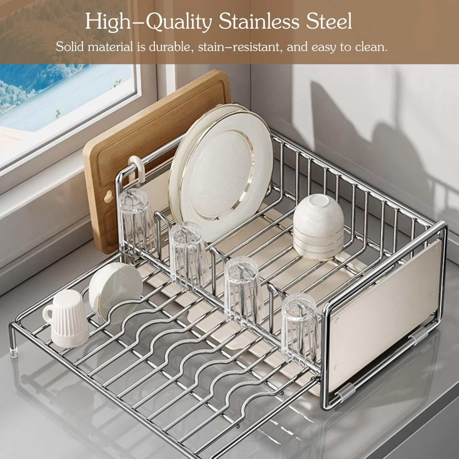Escurridor de Platos 2 Niveles para encimera Cocina,escurridor Inferior expandible Gran Capacidad con escurridor/Utensilios,Plato Drenaje Desmontable Acero al Carbono(2 B)