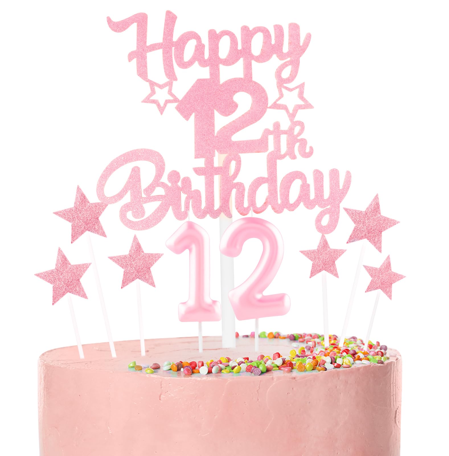 Pink Happy 12th Birthday Candles Cake Topper Set,Glitter Number 12 Birthday Candles with Pink 12th Birthday Cake Toppers Star Cupcake Toppers for Girls Anniversary Decorations โ image 1