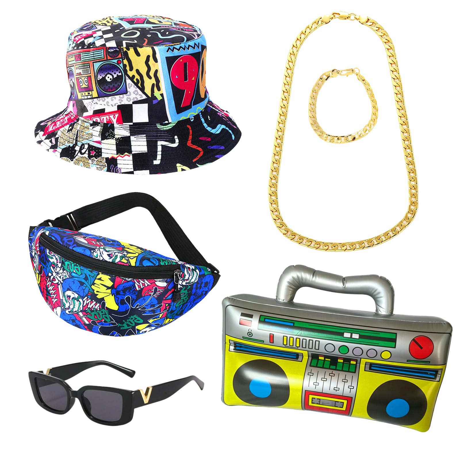6Pcs Hip Hop Party Decorations, 90s Fancy Dress Men Women with Vintage-Print Fisherman's Cap Belt Bag Gold-Effect Necklace Bracelet Glasses Inflatable Boom Box for Hip Rapper Party Outfit Costume Kit