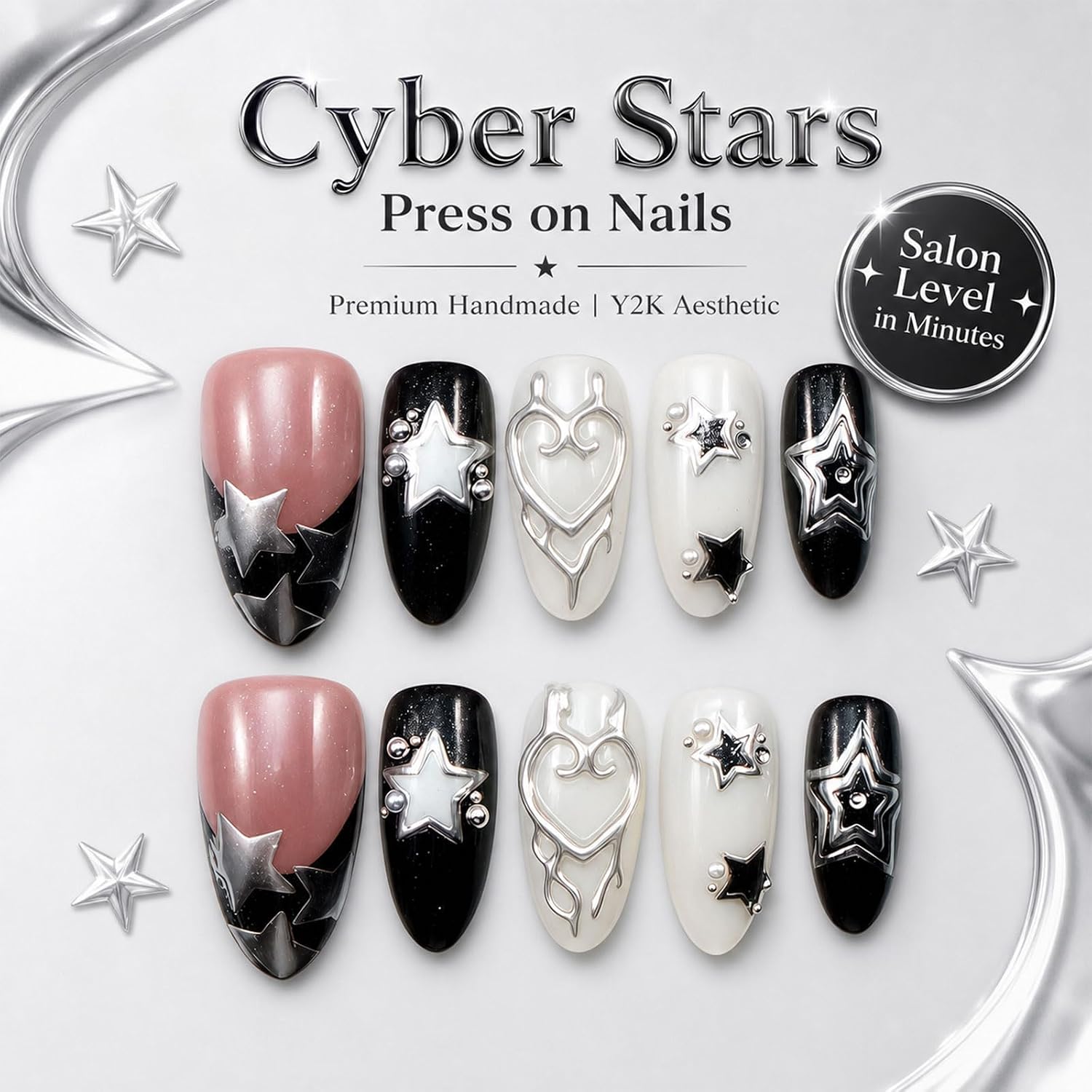 10Pcs Handmade Press on Nails - Cyber Stars Y2K Aesthetic, 3D Chrome Silver Star & Patterned Heart Charms, Cyber-Gothic Black White & Nude Pink Reusable False Nails, Salon Level Gel Finish (DXR302, S)