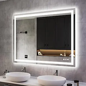 ISKM LED Mirror for Bathroom Lighted Vanity Mirror for Wall Front Lights + Backlit LED Bathroom Mirror Anti-Fog Tempered Glass ETL Listed (Front and Backlit, 48'' x 36'')