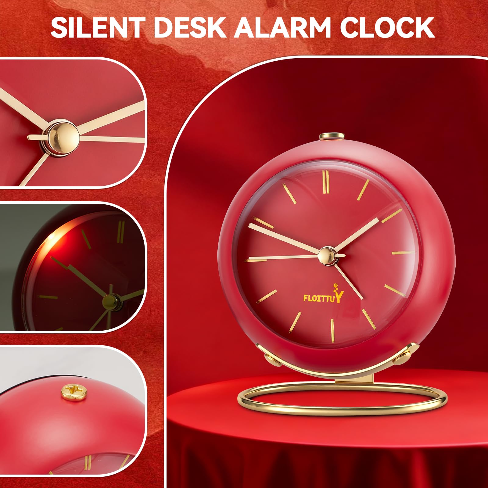 FLOITTUY Reloj despertador analógico de mesa silencioso sin tictac, iluminado bajo demanda y funciona con pilas, sonidos de pitido, reloj de escritorio pequeño (rojo tomate)