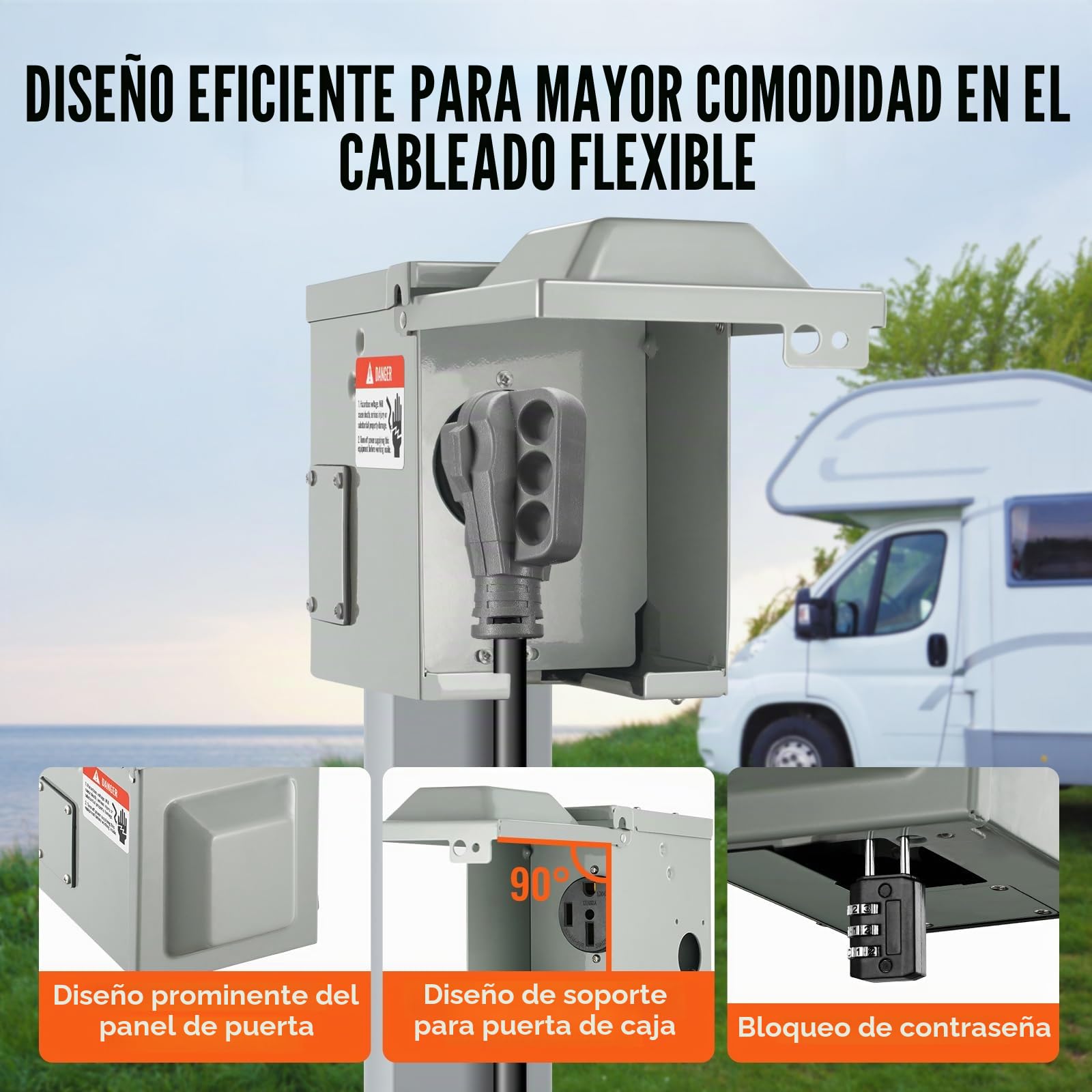 VEVOR Caja de toma de corriente para RV de 50 A, 125/250V, caja de receptáculo para RV cerrada con cerradura para exteriores, panel eléctrico resistente a la intemperie NEMA 14-50R, para autocaravana