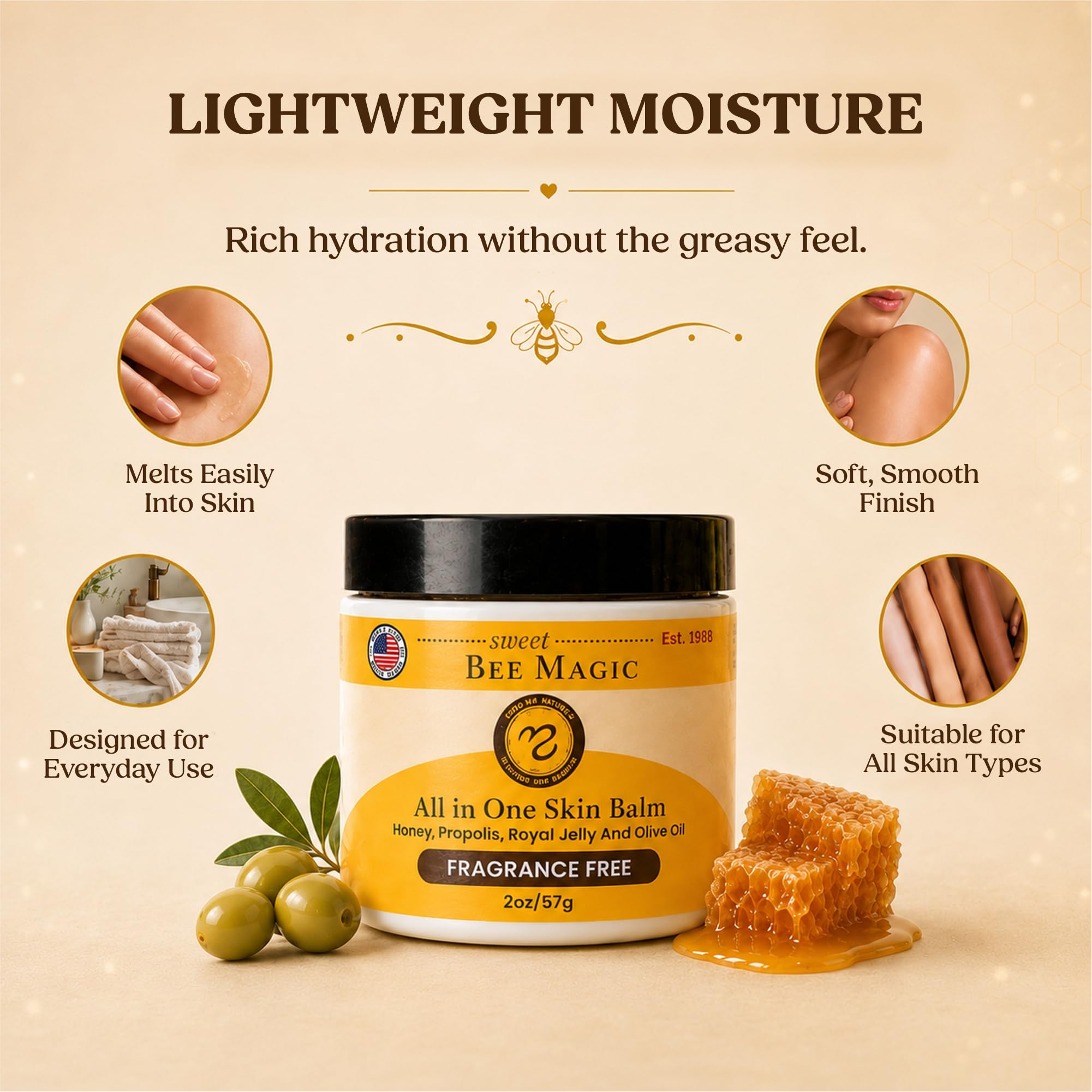 Sweet Bee Magic Organic Honey Bee Balm for Face, Skin & Body - All in One Honey Balm - Beeswax Body Moisturizer - All Natural Aid - 1 jar (2oz) Product Image 3