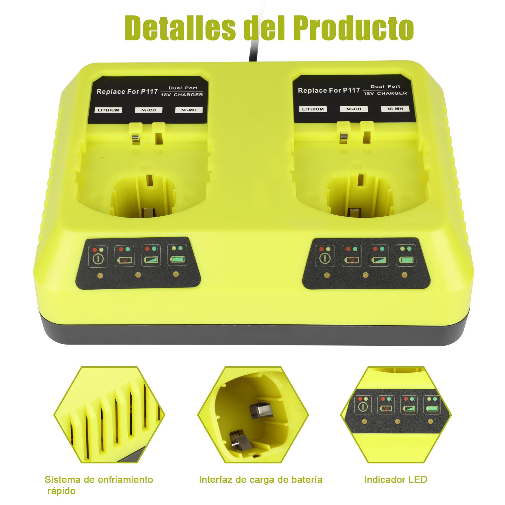 KUNLUN P117 - Cargador para Ryobi 18 V, batería de repuesto para Ryobi One+ P108 P107 P104 P105 P102 P103 P117 batería Li-ION/Nih