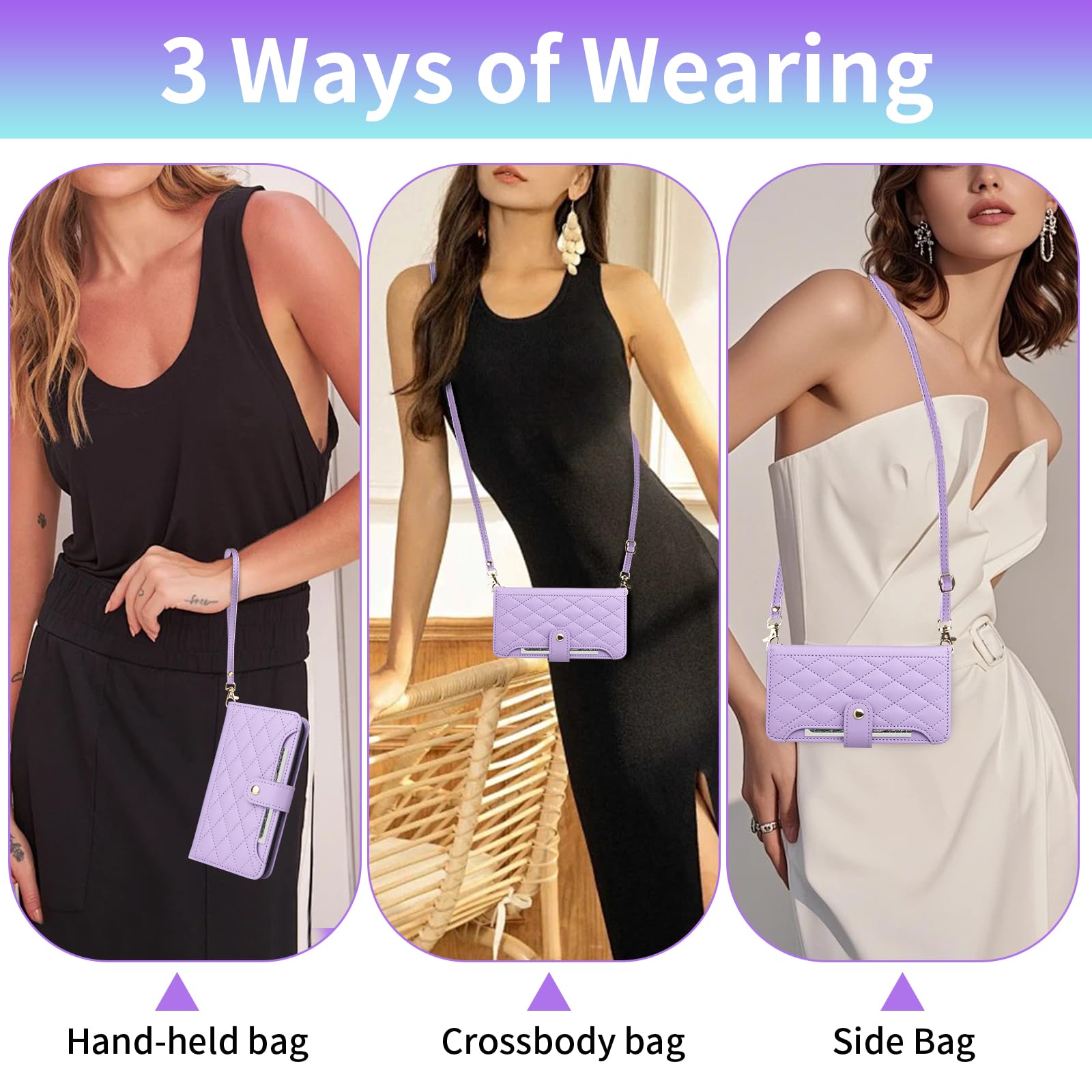 Phone Case for Samsung Galaxy A25 5G Wallet Cell Cover with Tempered Glass Screen Protector Strap Flip Credit Card Holder Accessories Stand Lanyard Wrist A 25 25A SM-A256U Women Girls Purple