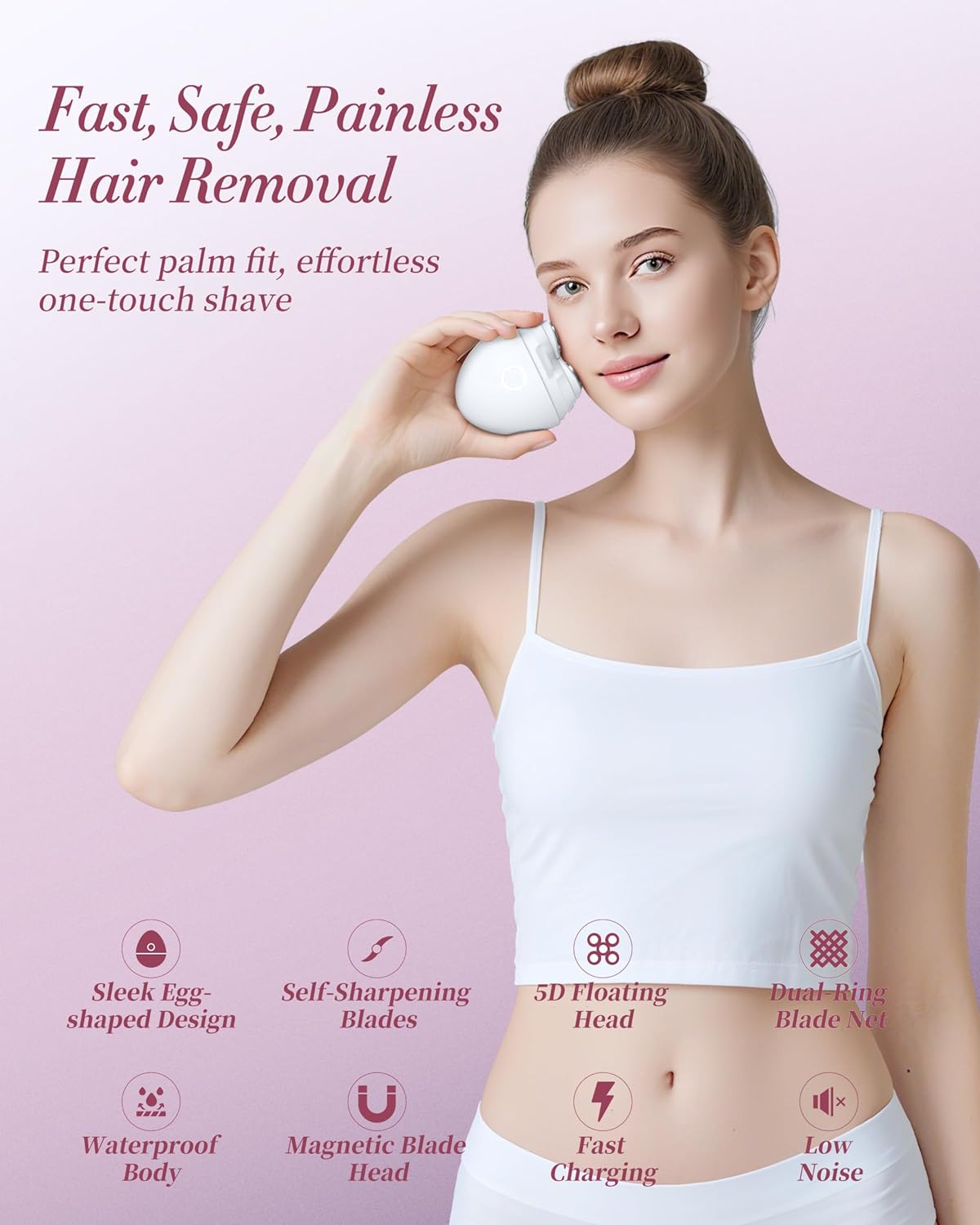 Electric Razors for Women - Magnetic 5D Floating Painless Shaver, Cordless Rechargeable Hair Remover, IPX6 Waterproof Wet Dry Shaving for Legs, Bikini, Face, Underarm, Arm (Pink, Glossy) - Image 2