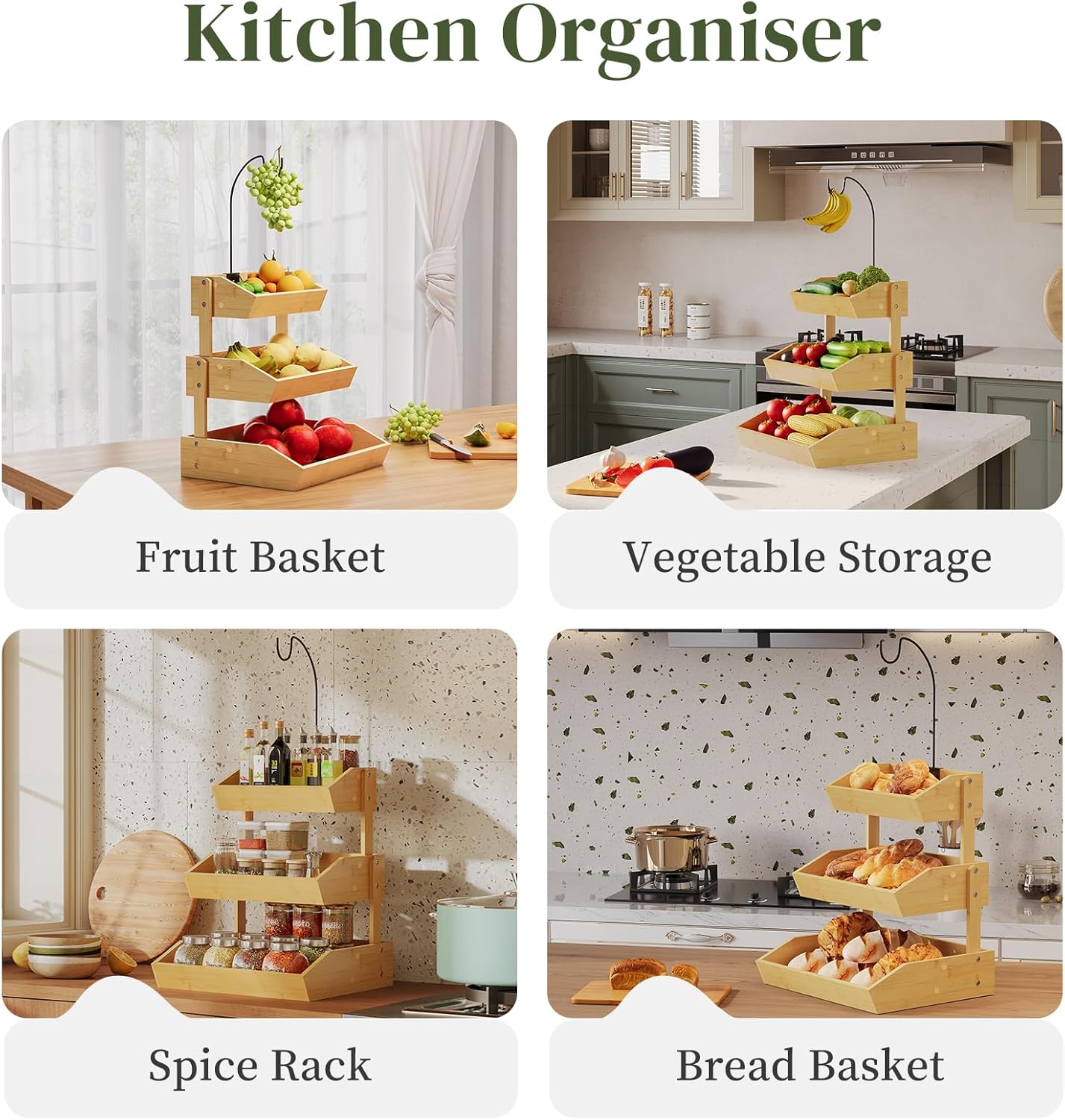 Bamboo Fruit Basket, Fruit Holder With Banana Hanger, Fruit Bowl, Kitchen Counter For Fruit and Vegetable Storage, Bread Basket, Snack Organizer Holds (Natural, 3-Tier)