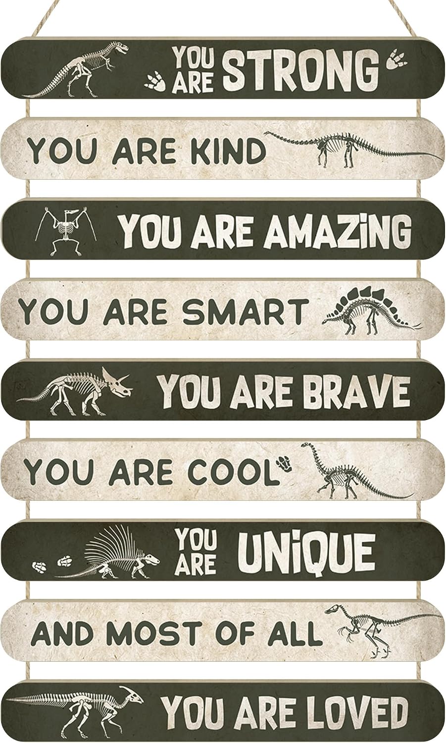 MONALET Vintage Green Dinosaur Inspirational Wall Decor for Boys Kids Room Playroom Nursery Classroom, You Are Loved Hanging Wooden Signs, Positive Affirmations Wall Art Wood Plaque 9Pcs 12x19