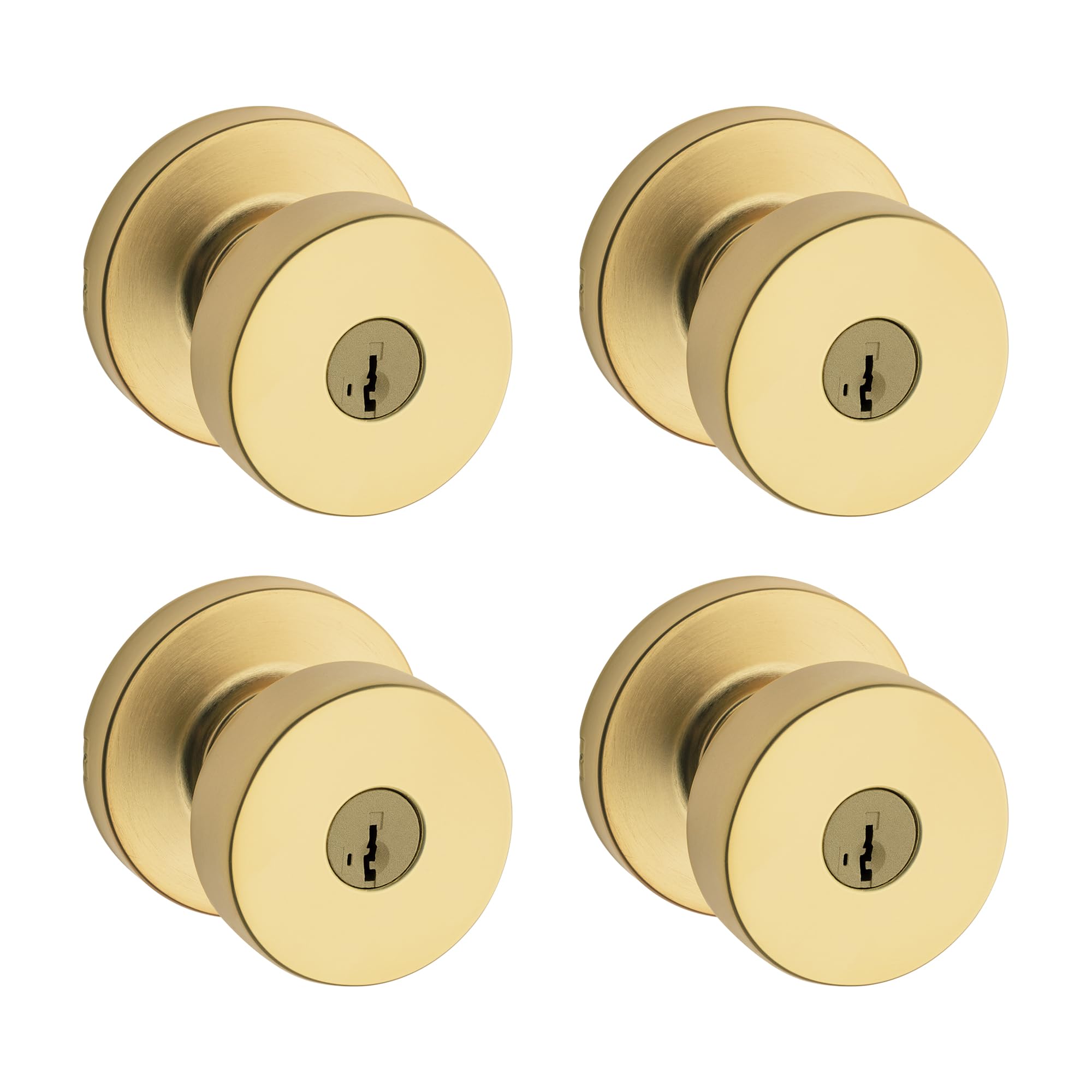 Kwikset Pismo Entry Door Knob with Lock and Key, Secure Keyed Handle Exterior, Front Entrance and Bedroom, Satin Brass, 4 Pack, Pick Resistant SmartKey Rekey Security