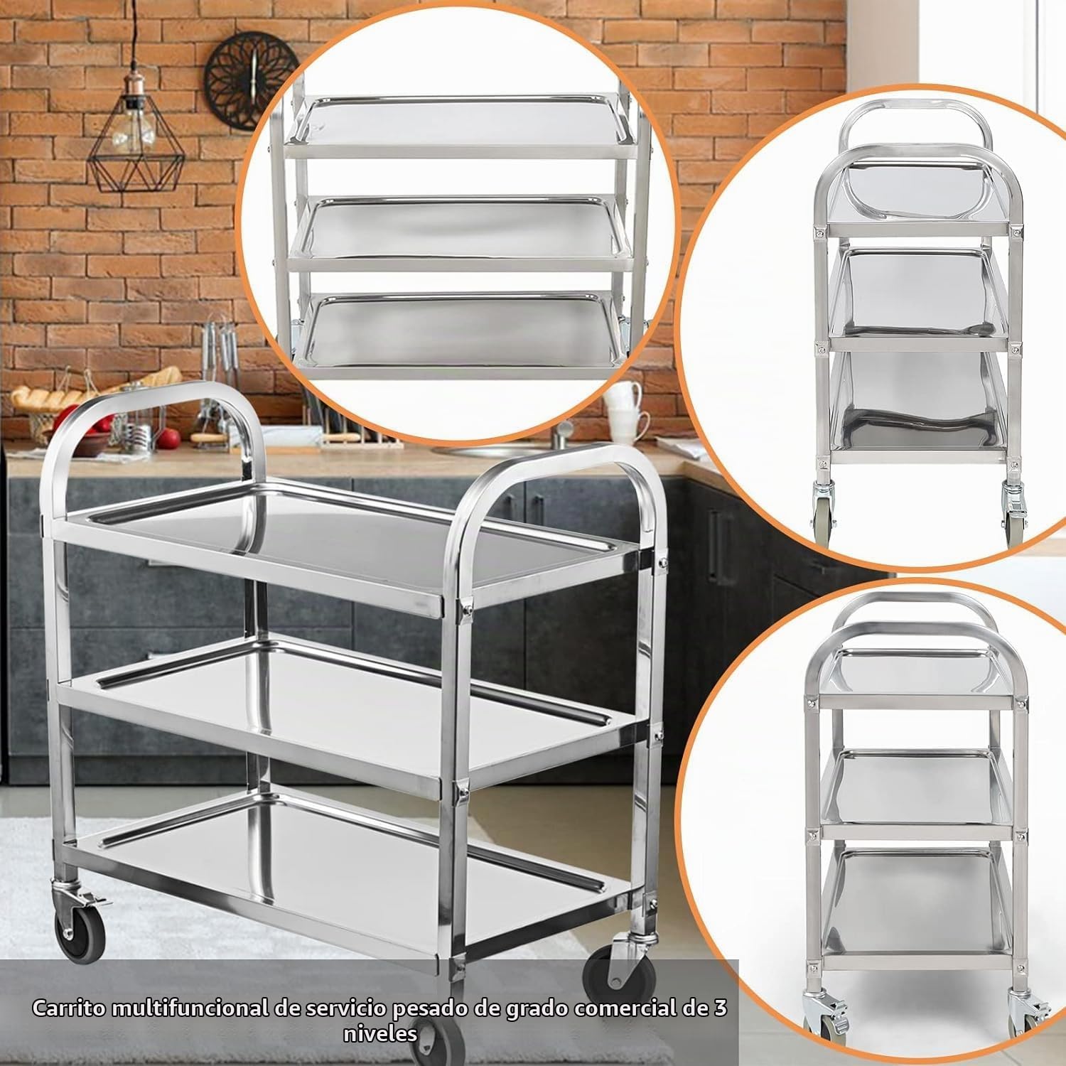 HLC Carro De Servicio De Acero Inoxidable De 3 Niveles con Ruedas para Catering Carro De Cocina con Ruedas De Bloqueo para Hoteles De Cocina - 72x40x82cm