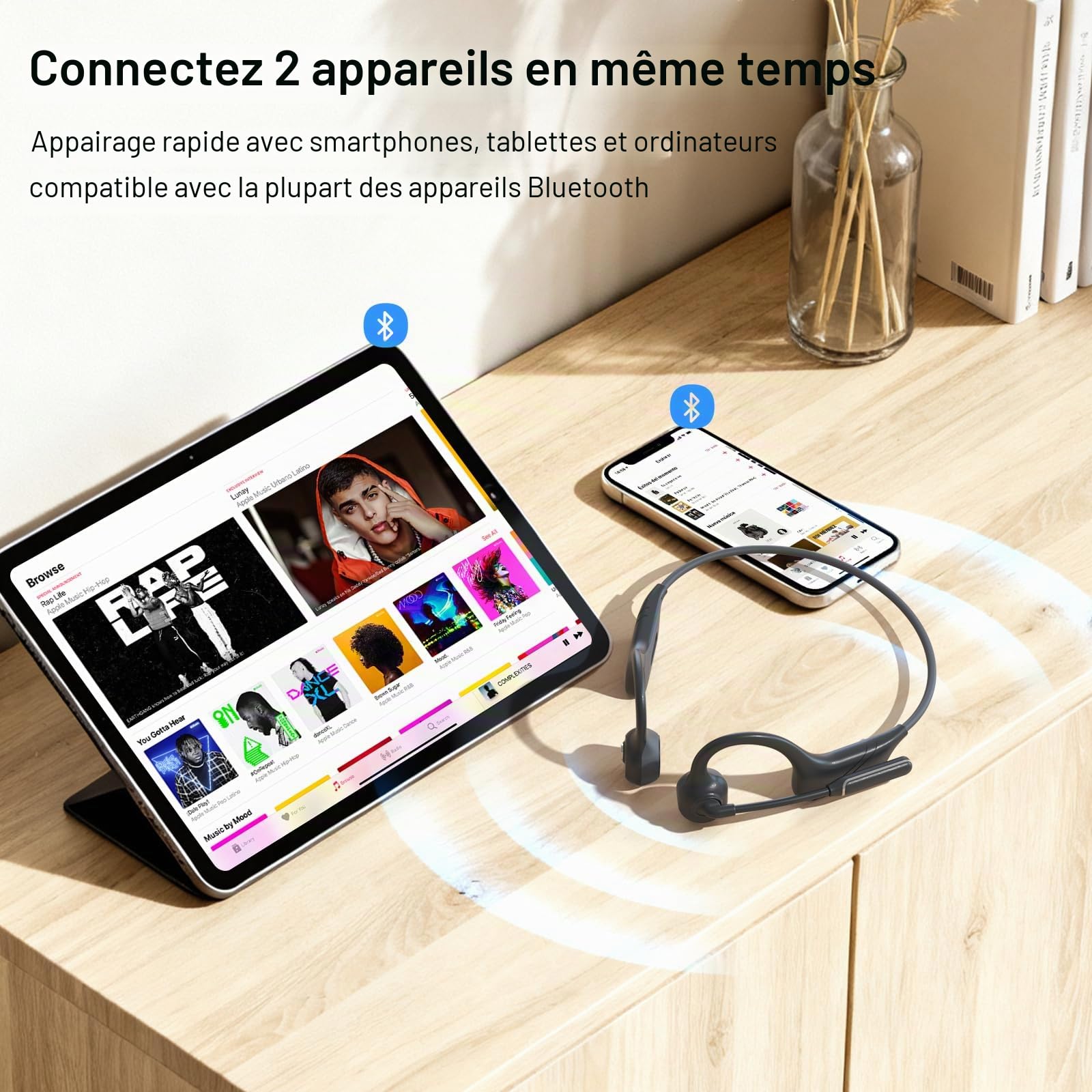 MONODEAL Casque à Conduction osseuse avec Micro, écouteurs Bluetooth 5.3 à Oreille Ouverte avec Microphone à flèche antibruit pour Le Travail, la Conduite, Le Bureau à Domicile