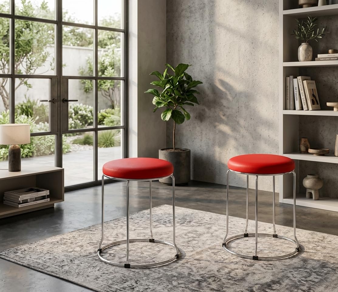 Pack of 2 Heavy Duty Stainless Steel Sitting Stool with Red Round Padded Cushion | Multipurpose Metal Stool for Home Kitchen, Living Room and Cafe-image-28