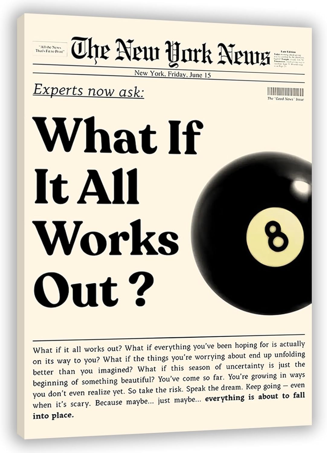 What If It All Works Out Canvas Wall Art Black 8 Newspaper Aesthetic Painting Poster Positive Affirmations Wall Decor Teamwork Lnspirational Quotes Pictures for Wall Living Room Bedroom Office Home Decoration 16*24 in (Stretched Canvas on A Wooden Frame)