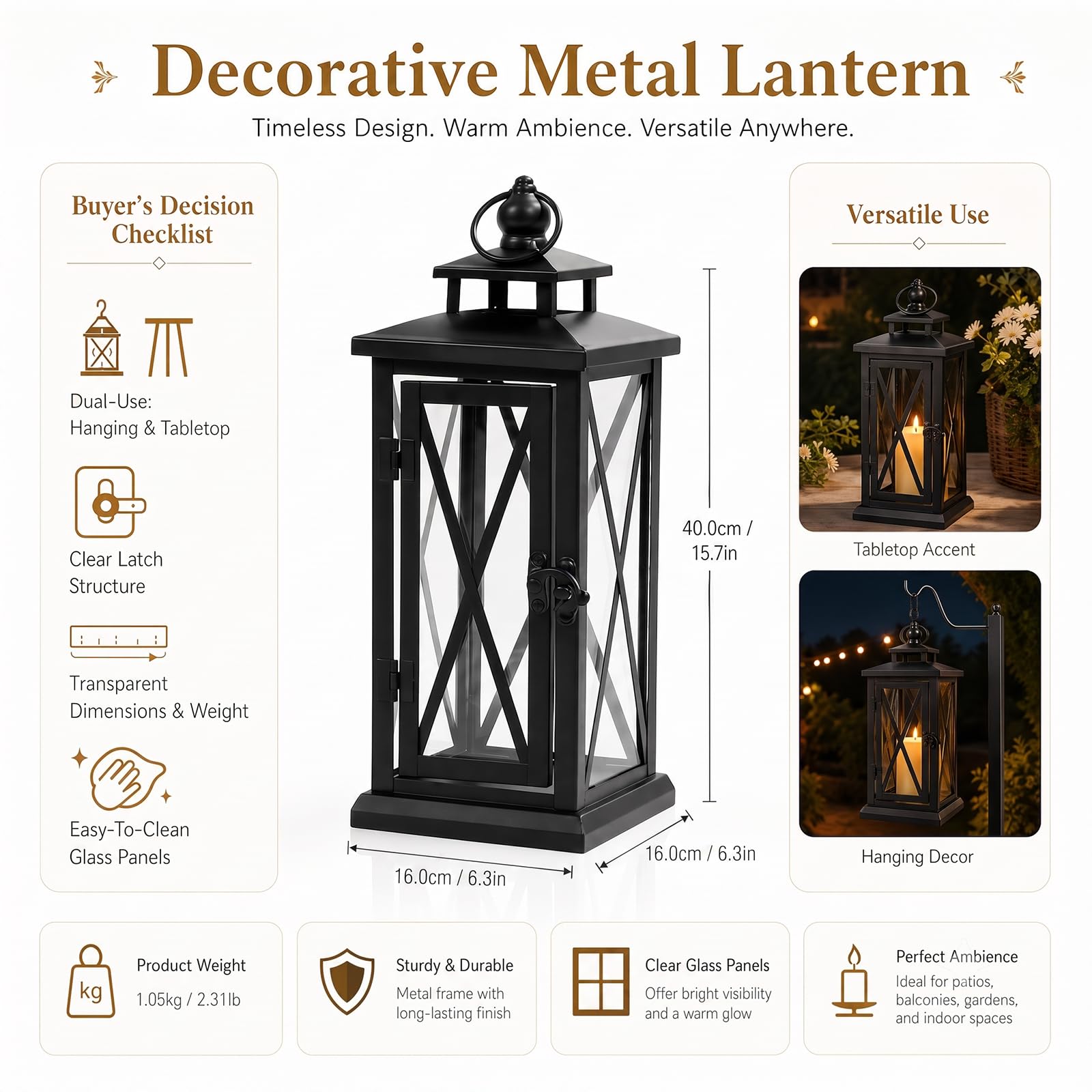 Schwarz Metall Laternen, 40cm Laternen Draußen Outdoor, Grablaterne Friedhof Wetterfest für Draußen Bar Hochzeitsfeier Deko Windlicht Beileid Beerdigung Kerzenlaterne Garten Drinnen (Mittelgroß)