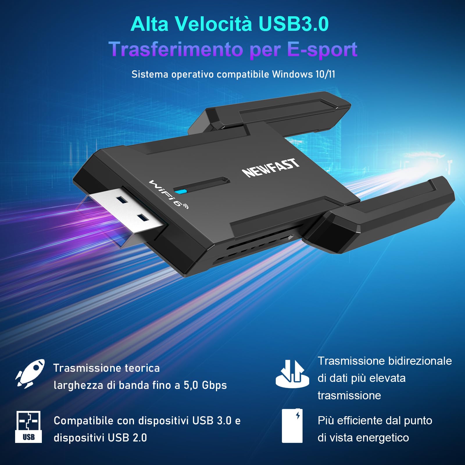 Chiavetta WiFi 6 5400Mbps Antenna WiFi USB Tri-banda per PC/Desktop/Laptop 2.4G/5G/6G Adattatore di Rete Wireless USB 3.0 Dongle WiFi per Windows 11/10, Ricevitore WiFi Supporta MU-MIMO, OFDMA, WPA3