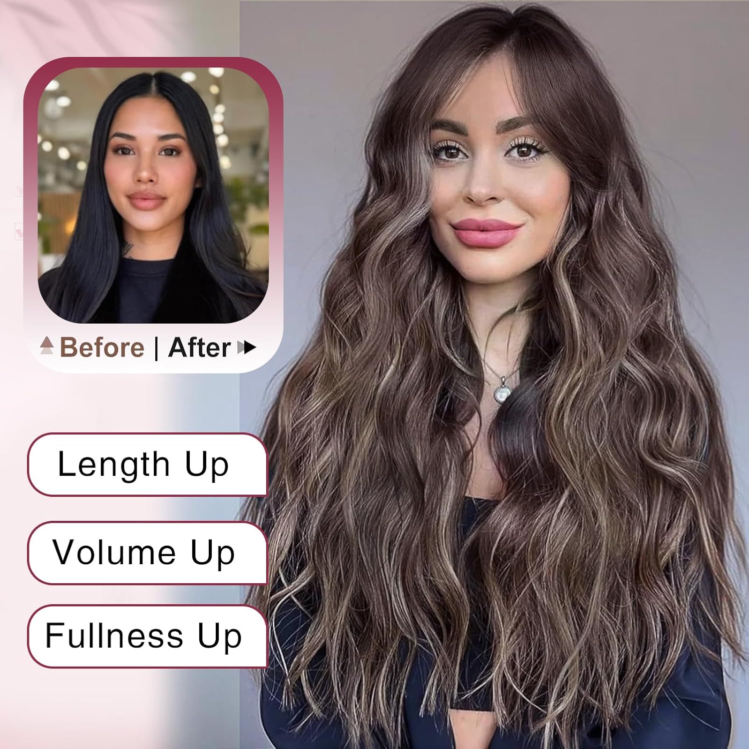 LEOSA Long Highlight Wig 26 Inch Brown Mixed Blonde Layered Wig with Curtain Bangs for Women Synthetic Middle Part Wet and Wavy Natural Looking Hair Wigs for Daily Party,Brown Mixed Blonde - Image 4