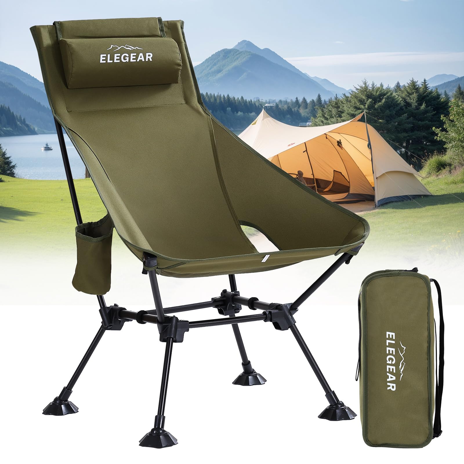 Elegear Campingstuhl Faltbar Hochlehner aus Aluminium, Ultraleicht 1,8 kg, 150 kg Belastbar Strandstuhl, Dual-Höhe Klappstuhl mit Getränkehalter Tragetasche, Stabiler Angelstuhl Camping Garten Strand Sport & Freizeit