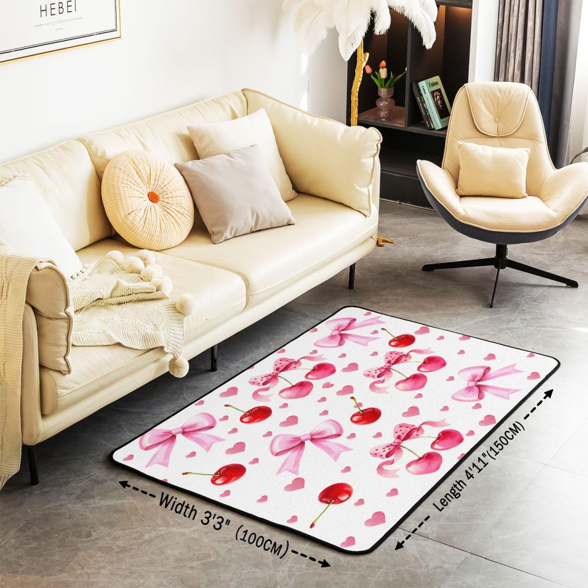 Homewish Dywaniki z motywem wiśni 150 x 200 cm – marzycielska księżniczka kokarda dywan do salonu kreskówka urocza muszka nie gubi włosia dywan akwarela kawaii miłość serce duże dywany