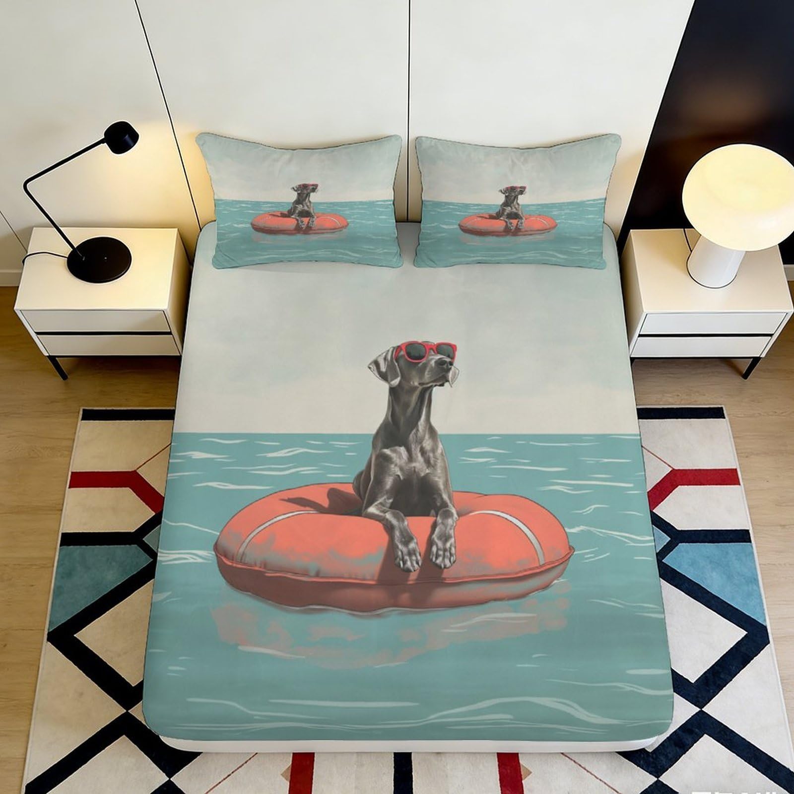 3D Printed Dog on Pool Fitted Sheet Microfiber Soft Breathable Sunglasses Water Mattress Cover for Bedroom Dorm Decor 180x200x25cm