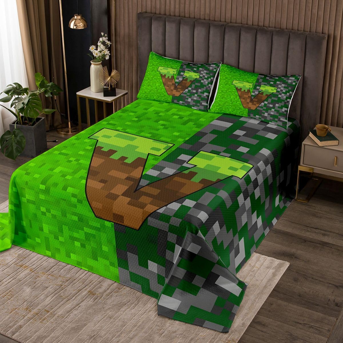 Pixelated Alphabet Gamepad Kids Bedspread Twin Size,Letter E Video Games Geometric Grids Coverlet Set,Room Decor,Square Abstract Plaid Patchwork Quilted Coverlet,Green Gray Bedding Quilt,1 Pillowcase