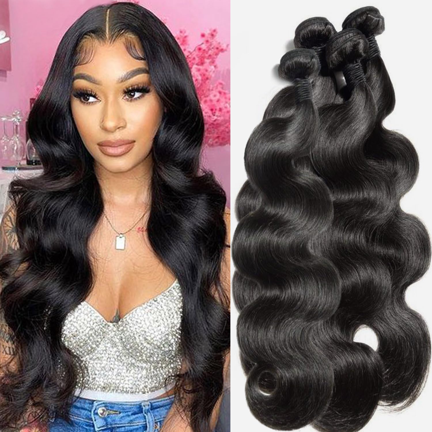Body Wave Bundles Brazilian Virgin Human Hair Weave 4 Bundles 12A Grade Unprocessed Human Hair Extensions For Black Women Natural Black 100g/pc (Body Wave Bundles