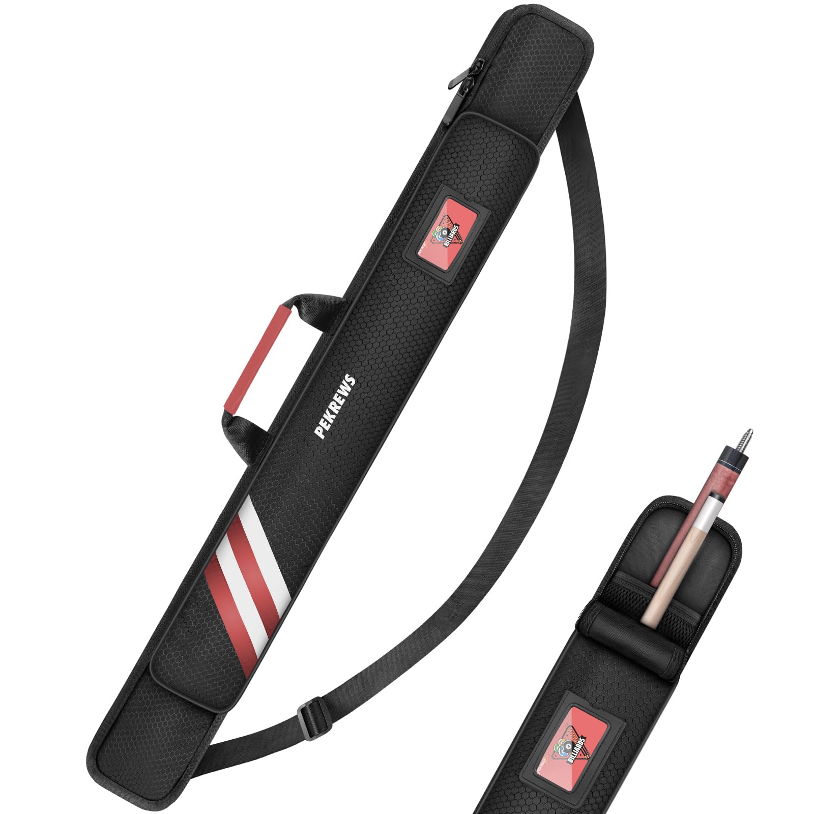 PEKREWS Pool Cue Case, Soft Pool Stick Case 1x1 Holds 1 Butt and 1 Shaft with Queue Zipper Pocket, Sturdy Polyester Billiard Cue Bag with Shoulder