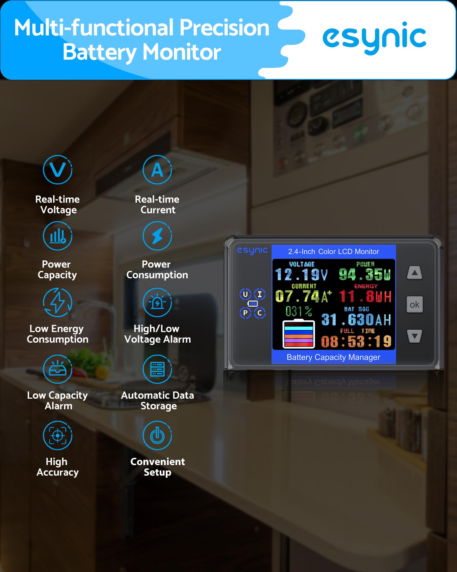 eSynic Monitor de batería profesional con rango de derivación de 10 V-120 V y hasta 500 A-2.4 pulgadas, pantalla LCD de retroiluminación a color para plomo ácido/LiFePO4/alarma de bajo voltaje, solo