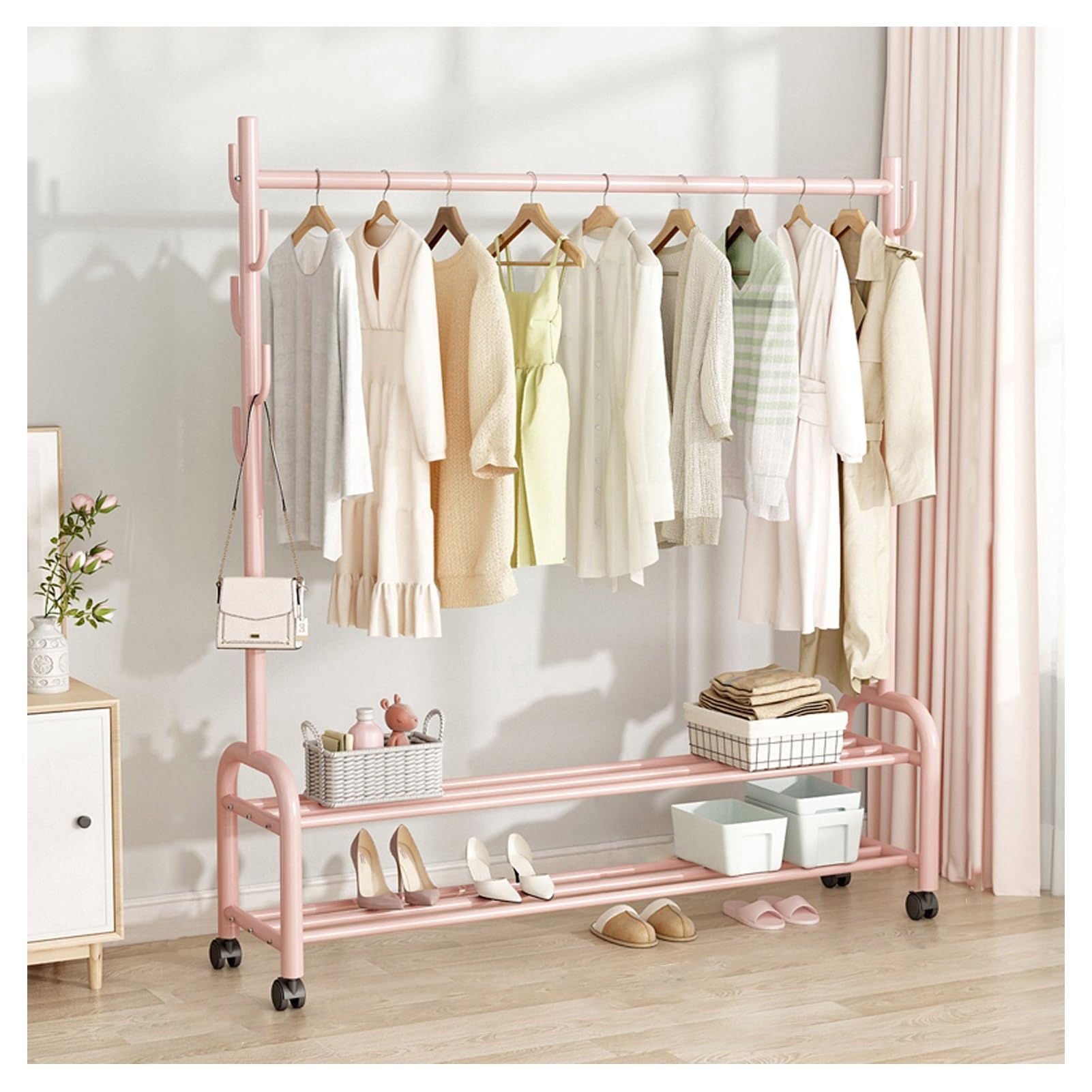 Aycdl Pink Metal Clothing Rack With 2-Tier Storage Shelves Heavy-Duty Rolling Garment Stand With 7 Hooks For Basement Attic Entryway Bedroom Max Load 100Kg,-150Cm