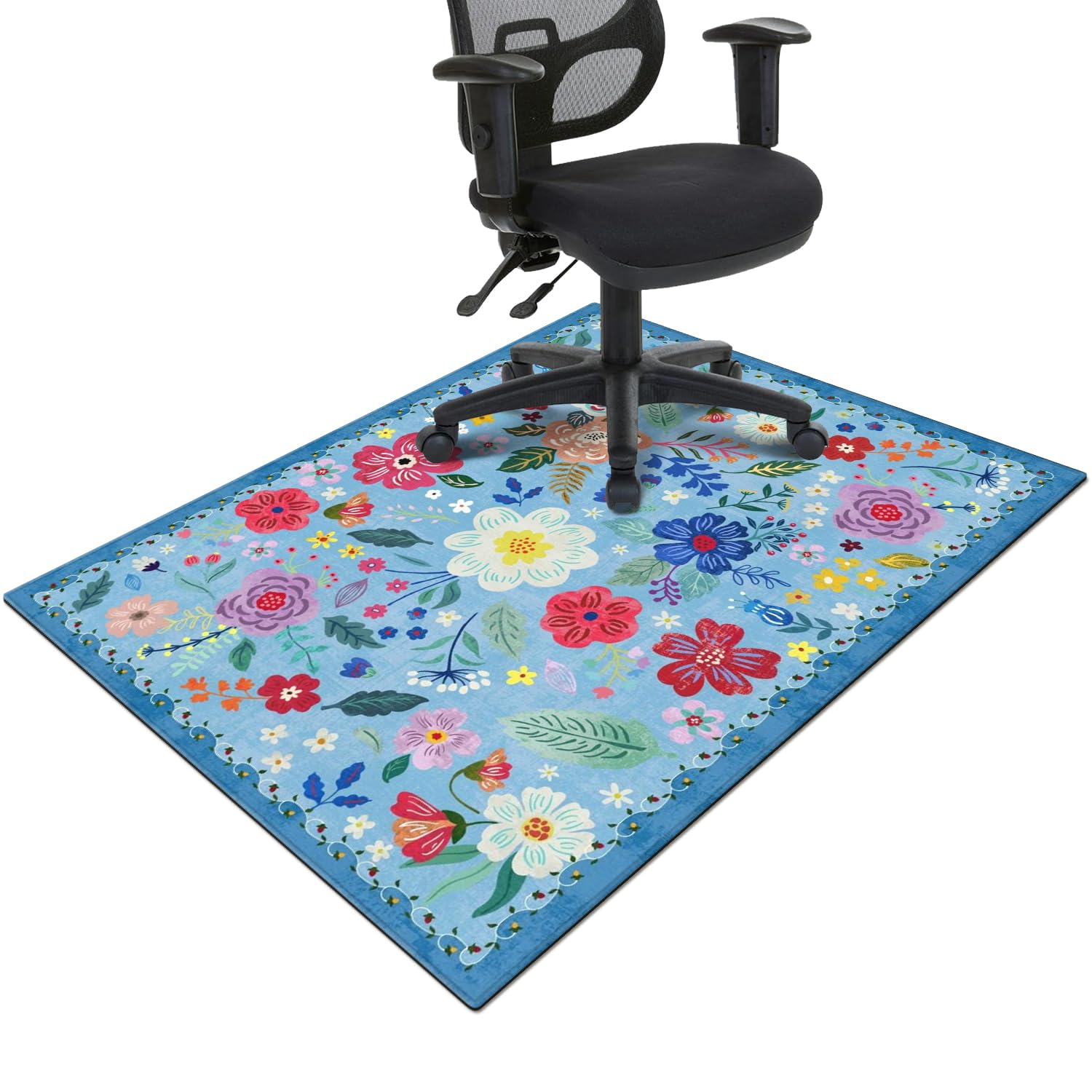 Office Chair Mat for Hardwood &amp; Tile Floor,Boho Floral 36"x48" Computer Chair Mat for Rolling Chairs Carpet,Under Desk Non Slip Gaming Rug,Low-Pile Rubber Backing Large Protector Mat(Blue)