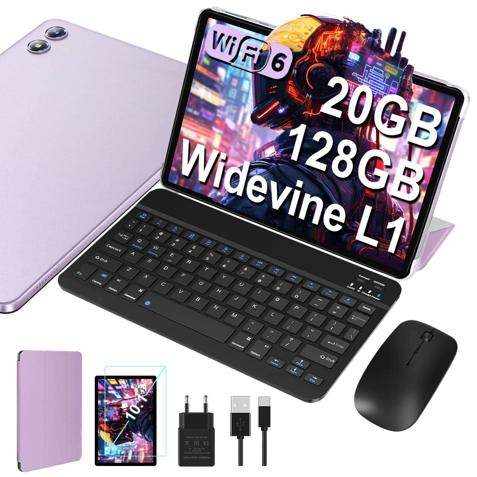 JUEDUR Neueste Android Tablet 10 Zoll, 20GB RAM+128GB ROM(1TB TF), 5G+2.4G WiFi 6, Octa-Core 1.8 GHz, Widevine L1, 1280 * 800, 6000mAh, 5MP+8MP, BT5.0, Mit Tastatur und Maus - Veilchen