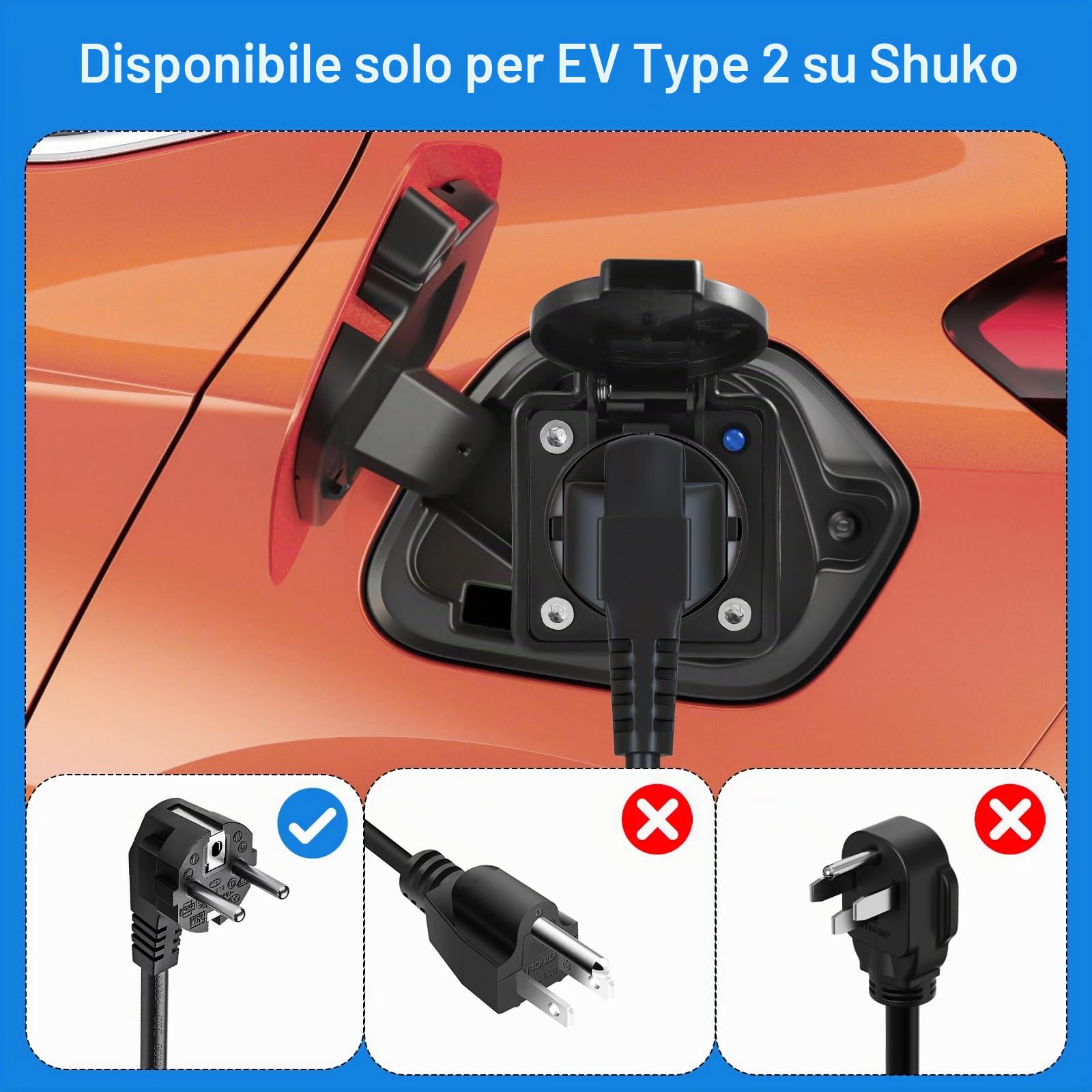 Adattatore di ricarica EV tipo 2 a presa Schuko – 3,5 kW 16 A 220 V – portatile e resistente IP44 – compatibile con veicoli elettrici con funzione V2L