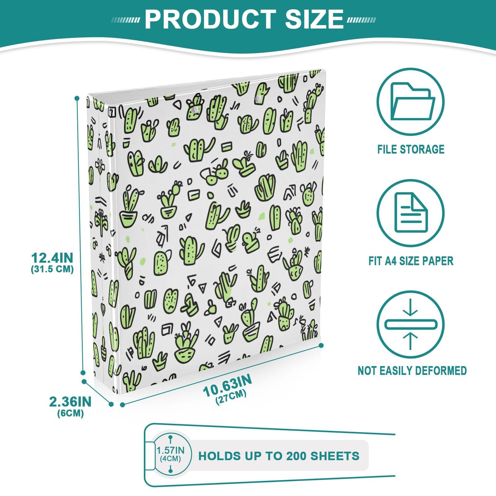 Carpetas de 3 anillos de 1.5 pulgadas con diseño de cactus y anillas redondas decorativas con clip de metal, organizador A4 para el hogar y la oficina, paquete de 2