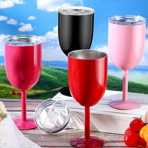 Miniatura 5 de Yinder 8 copas de vino de acero inoxidable con tallos, copa de vino inoxidable de 12 onzas con tapas, copas irrompibles con aislamiento de doble