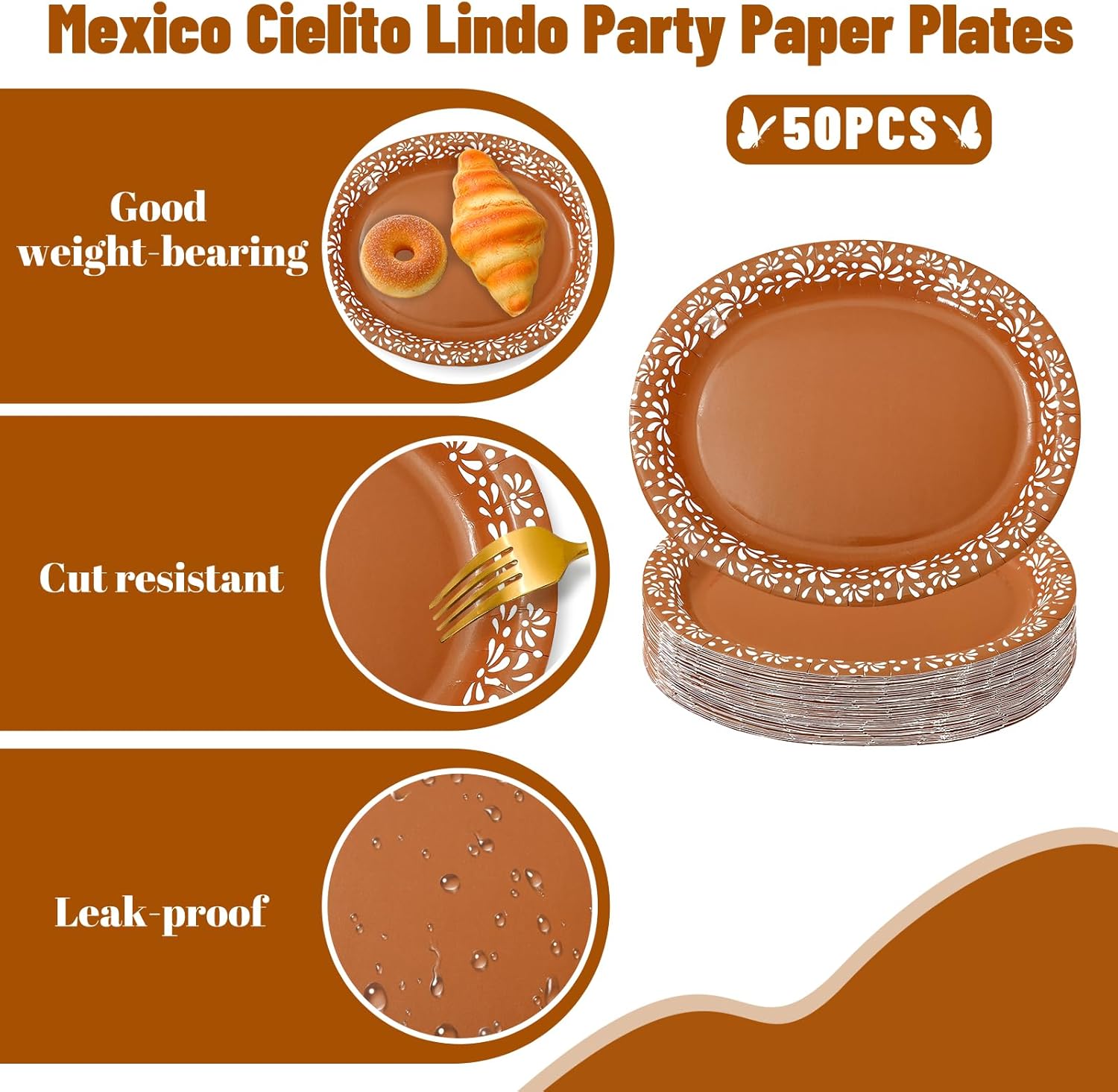 Whaline 50 Pcs Cielito Lindo Paper Plates 12 x 10 Inch Platos De Barro Mexicanos Disposable Dinner Plates Terracotta Clay Pottery Mexico Fiesta Party Supplies for Baby Shower Wedding Decor