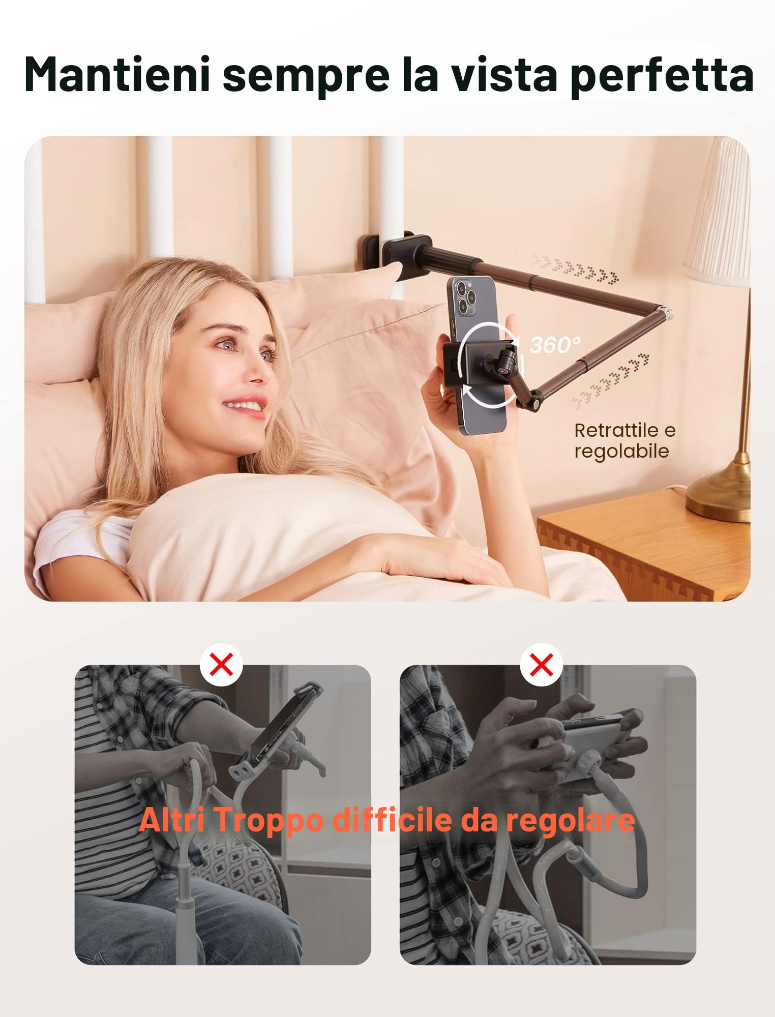 JSAUX Supporto per telefono per scrivania e letto, supporto flessibile per telefono universale 360 pigro lungo braccio morsetto clip supporto per telefono per tavolo comodino compatibile con iPhone 14