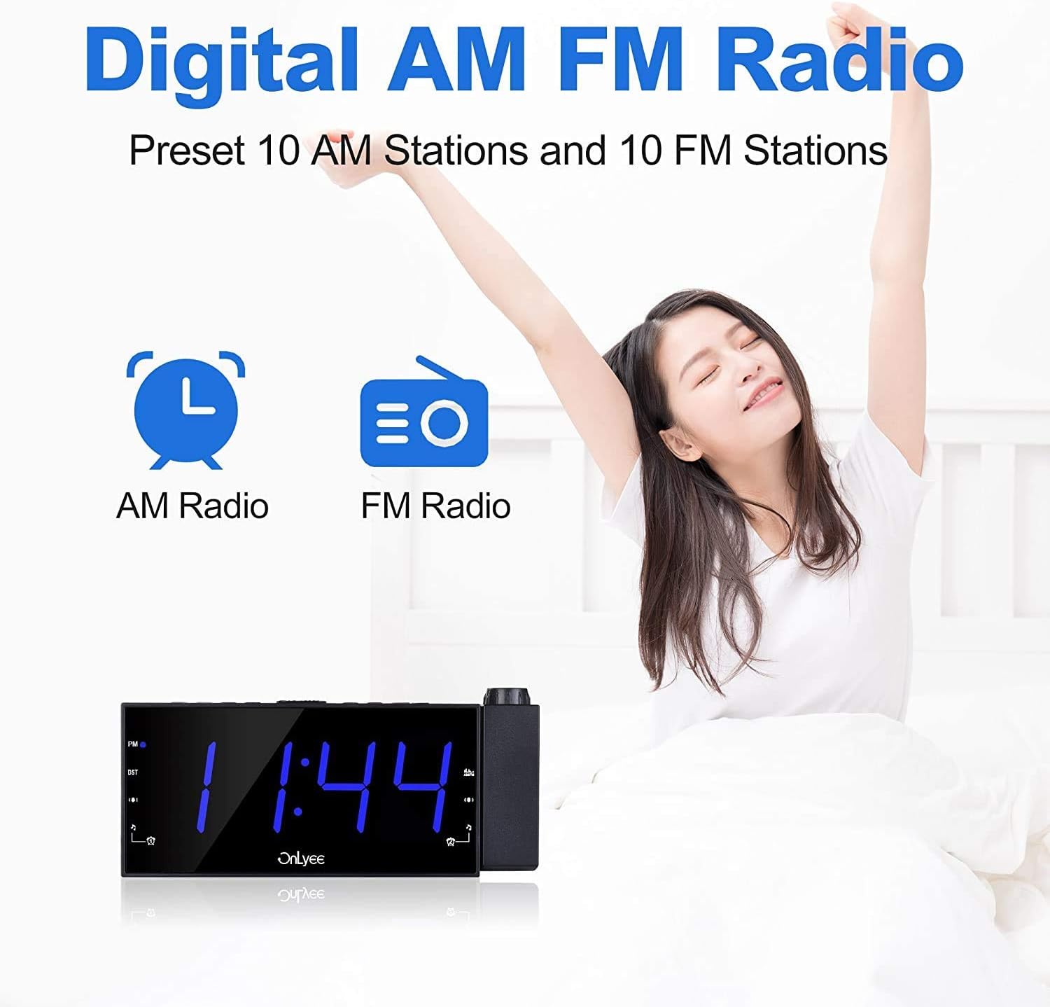 OnLyee Projection Alarm Clock with AM FM Radio | 7” LED Digital Ceiling Display, Sleep Timer | 180°Projector, Desk/Shelf Clock with Dimmer, USB Charging, AC Powered and Battery Backup for Bedroom…