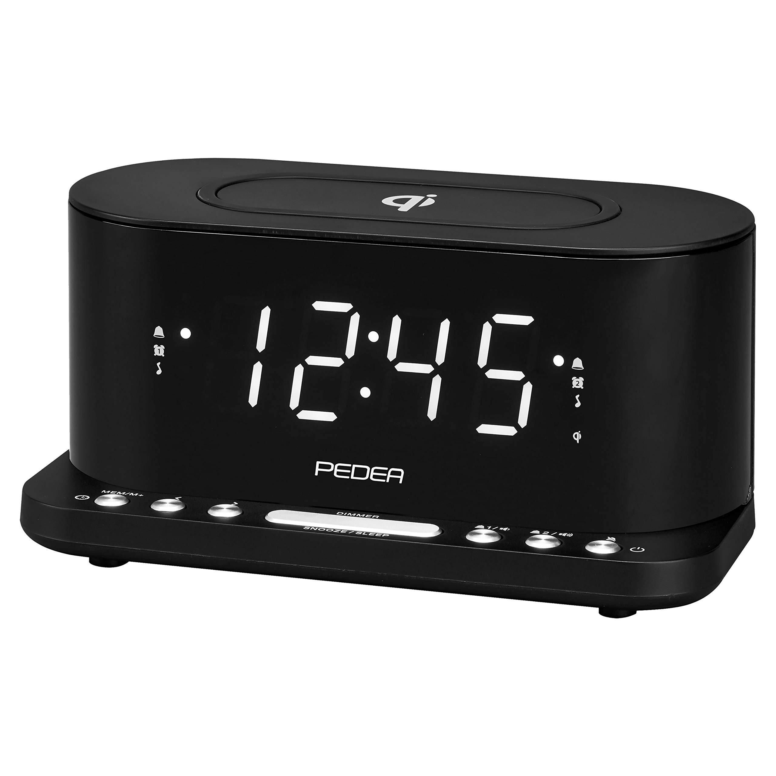 PEDEA FM Radiowecker mit induktiver QI-Ladefunktion und dimmbarem Display, Snooze, Dual Alarm und Sleep-Timer, schwarz