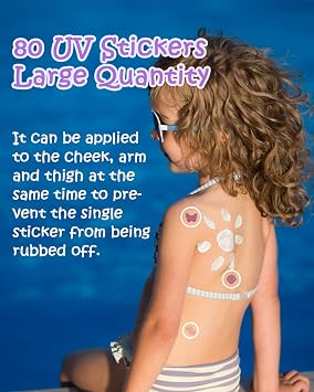 UV Detection Stickers for Sunscreen - 80 Count UV Detection Stickers, Know When to re-Apply Sunscreen, Sun Protection Reminder, 8 Cute Pattern Types