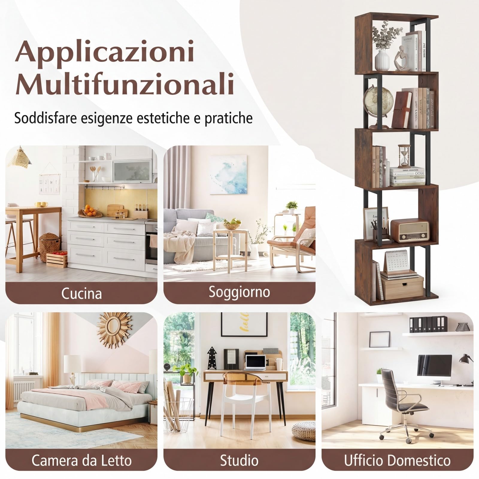 COSTWAY Libreria a 5 Livelli in Legno, Scaffale Espositore Geometrico con Struttura in Metallo, Mobile Portaoggetti Salvaspazio per Camera da Letto Soggiorno Ufficio, 38x23x147 cm (Marrone Rustico)