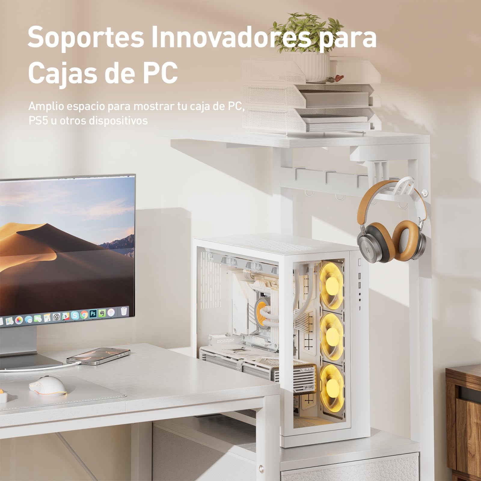 SOLAVERO Escritorio Gaming con LED y Enchufe Integrado, 112cm Mesa Gaming Reversible con Estanteria & Cajones de Tela, Mesa Ordenador con Soporte para Monitor y Gancho para Auriculares, Blanco