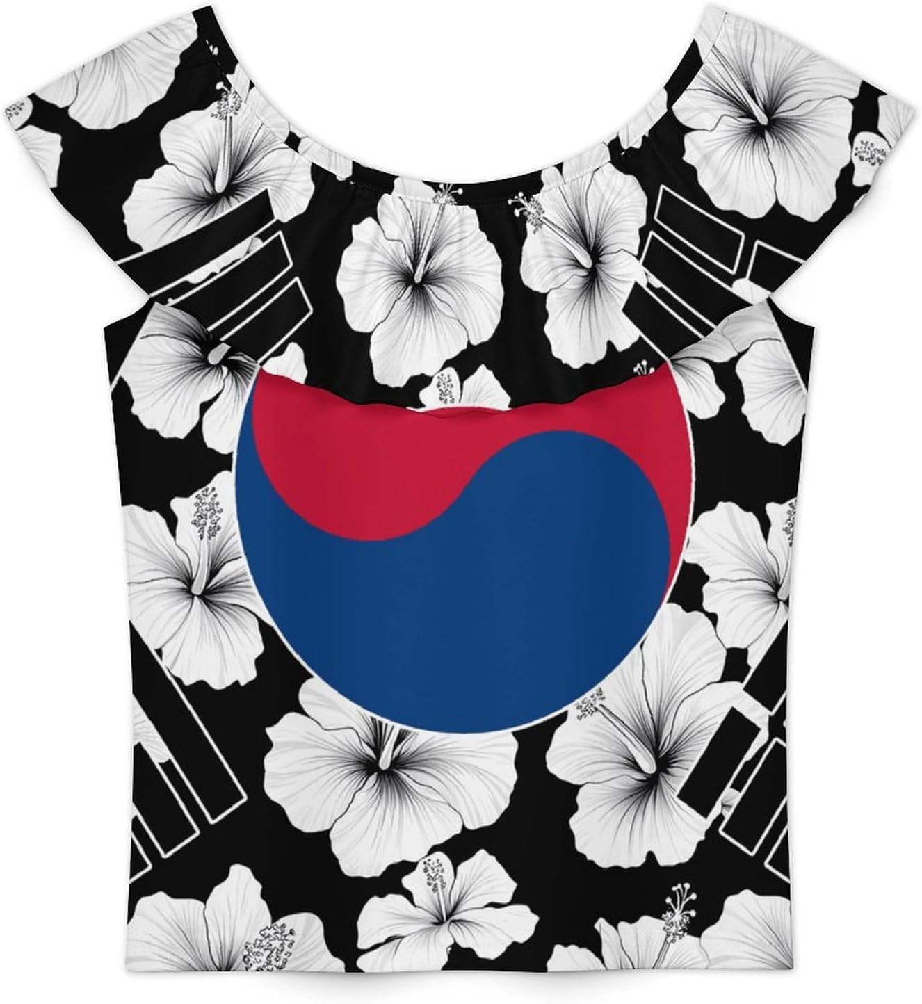 South Korea Korean Flag Hibiscus Flowers Girls T-Shirts Top Ruffle Short Sleeve Blouse Casual Graphic Tees
