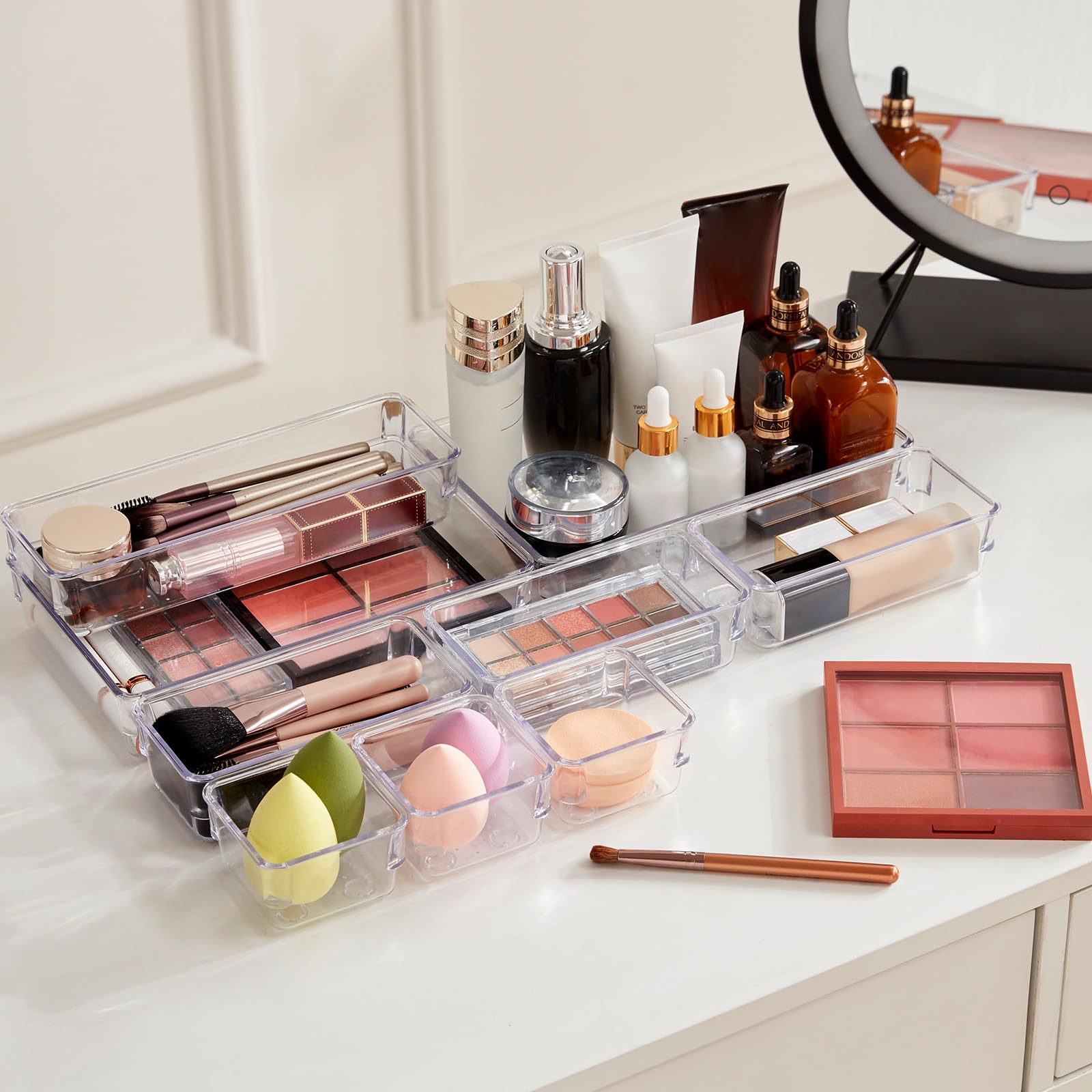 Lifewit Set de 33 Cajón Escritorio Organizador de Baño, Divisores de Tocador de Plástico Bandejas Caja de Separación para Maquillaje, Oficina, Joyas, Gadgets, Dormitorio
