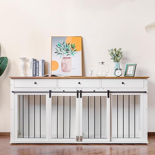 Scurrty Mueble de jaula para perros de 72 pulgadas, muebles de madera para perreras con 3 cajones, soporte de TV para interiores con puertas dobles