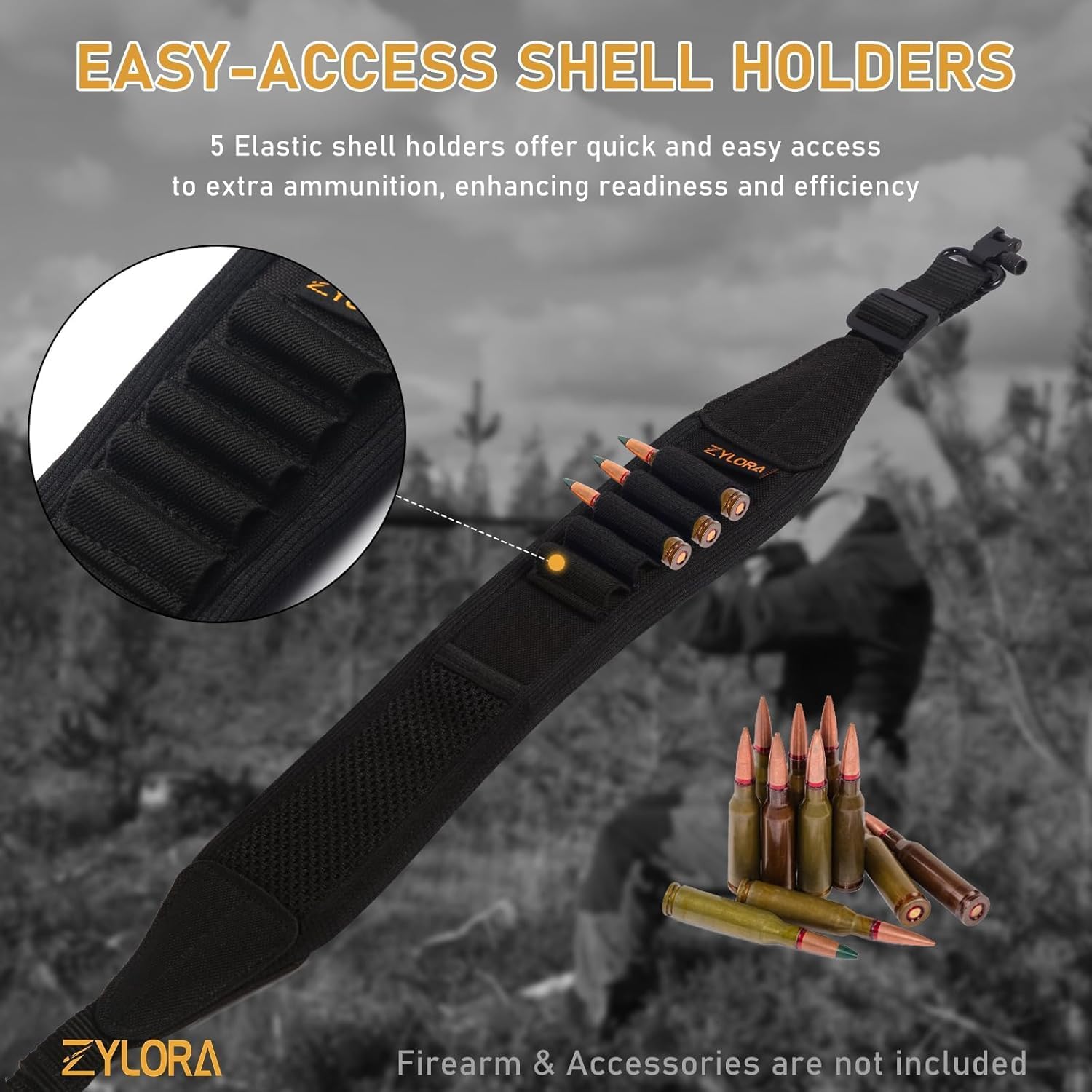 ZYLORA Adjustable Rifle Sling with Built-in Shell Holders & Storage Pocket – Comfortable Anti-Slip Gun Sling for Hunting, Shooting & Outdoor Use – Fits Most Rifles